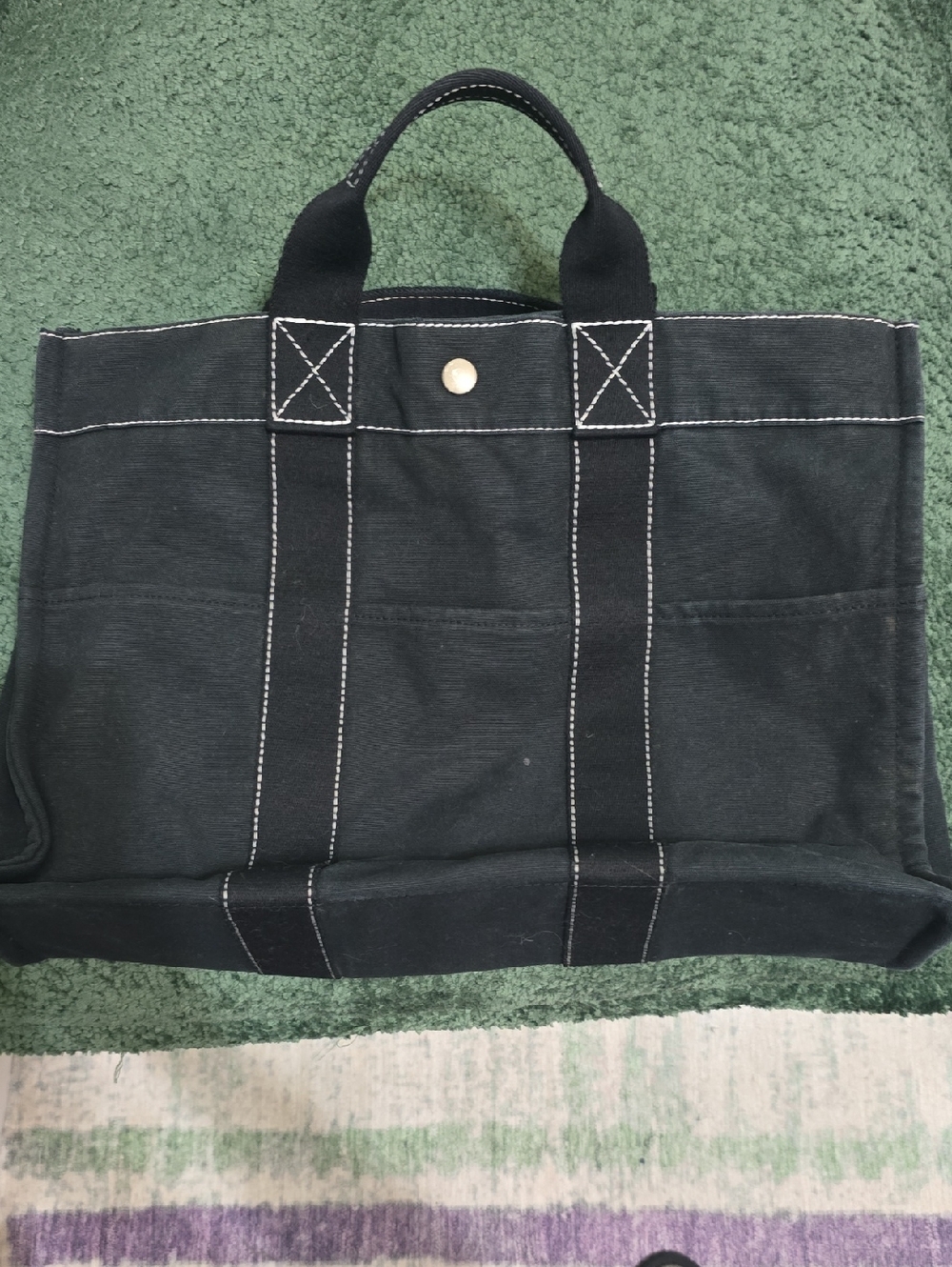 Hermes Black Canvas Duffel Tote with White Contrast Stitching